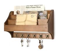 Rebee Vision Pine Wood Mail Organizer Wall Mounted - Hanging Key and Mail Holder for Wall with Key Hooks & 3-Tire Letter Slot - Multifunctional File Organizer for Home and Office Decor (Brown)