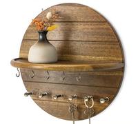 Rebee Vision Round Acacia Wood Key Holder Wall Mount for Home Decor - Decorative Key Holder for Wall with Entryway Shelf & 11 Hooks - Ideal for Living Room & Apartment Decor (Acacia Wood)