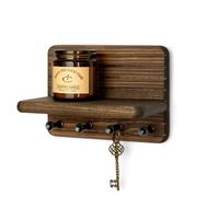 Rebee Vision Small Farmhouse Key Holder Wall Mount for Home Decor - Mini 7-inch Wooden Key Holder for Wall with 4 Hooks & Floating Shelf - Apartment Essentials for a Tidy & Trendy House (Brown)