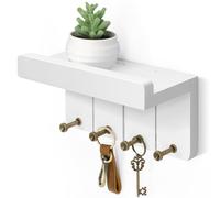 Rebee Vision Small Key Holder Wall Mount - Aesthetic Room Decor with 4 Study Hooks and Mini Floating Shelf - Ideal Apartment Essentials for Farmhouse Living Room and Home Decor (Modern White)