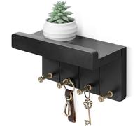 Rebee Vision Small Key Holder Wall Mount - Decorative 8 inch Key and Mail Holder for Wall with Shelf and 4 Sturdy Hooks for Aesthetic Room Decor - Perfect Aesthetic Stuff in House Decor (Modern Black)