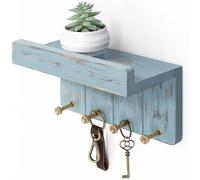Rebee Vision Small Key Holder Wall Mount for Farmhouse Decor - Key and Mail Holder for Wall with Shelf and 4 Key Hooks - Room Decor Aesthetic (Distressed Blue)