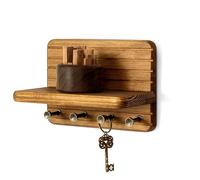Rebee Vision Small Key Holder Wall Mount for Home Decor - Decorative 7-Inch Pine Wooden Key Holder for Wall with 4 Hooks & Mini Floating Shelf - Modern Farmhouse Home Organization (Light Brown)