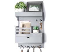 Rebee Vision Wooden Key Holder Wall Mount with Drawer Organizer - Modern Mail and Key Organizer for Wall Featuring 6 Robust Hooks & a Floating Shelf - Trendy Home Decor Solution (Gray)
