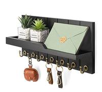 Rebee Vision ZASTION Decorative Key and Mail Holder for Wall - Farmhouse 15 Inches Floating Shelf with 7 Sturdy Key Hooks for Home Entryway Wall Decor - Rustic Key Racks (Black)