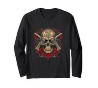 Rebel Skull Graphic T-Shirt Skull, Roses, and Guns Design Long Sleeve T-Shirt