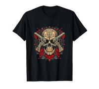 Rebel Skull Graphic T-Shirt Skull, Roses, and Guns Design T-Shirt