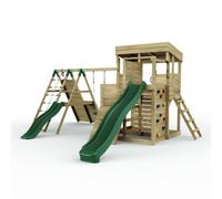 Rebo 2 Tier Xl Garden Lookout Tower Playhouse With Single Swing And Climbing Wall Plus Slides For Kids