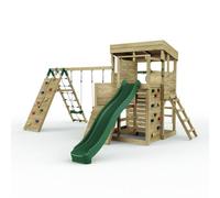 Rebo 2 Tier Xl Lookout Tower Playhouse With Double Swing And Monkey Bars Plus Climbing Wall And Slide