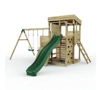 Rebo 2 Tier XL Lookout Tower Playhouse with Double Swing & Slide in Brown Rebo Brown