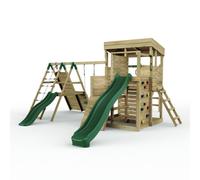 Rebo 2 Tier Xl Lookout Tower Playhouse With Single Swing And Monkey Bars Plus Climbing Wall And Slides