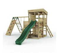Rebo 2 Tier Xl Lookout Tower Playhouse With Single Swing And Monkey Bars Plus Climbing Wall And Slide