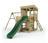 Rebo 2 Tier XL Lookout Tower Playhouse with Single Swing & Slide in Brown Rebo Brown