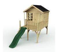 Rebo 5ft x 5ft Wooden Garden Playhouse on Deck with 6ft Slide - Pheasant Green in Natural Rebo Natural