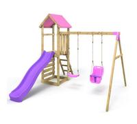 (Rainier Pink) Rebo Adventure Wooden Climbing Frame, Swing Set and Slide