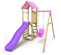 Rebo® Adventure Playset Wooden Climbing Frame, Swing Set and Slide - Rosa Pink | OutdoorToys |Kids' Outdoor Wooden Garden Play Equipment, Children's Jungle Gym