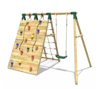 Rebo Beat The Wall Wooden Swing Set with Double up & Over Climbing Wall Apex in Natural Rebo Natural