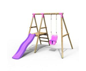Rebo Cassini Wooden Garden Swing Set With Baby Swing, Platform And Slide For Kids - Pink