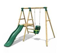 Rebo® Cassini Children's Wooden Swing Set with Platform and Slide - Cassini | OutdoorToys | Baby Seat, Sturdy Wooden Construction for Kids, Pressure Treated Timber