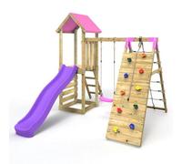 Wooden Climbing Frame with Swing, Up-and-Over Climbing Wall and Slide - Bear Pink Rebo Pink One Size
