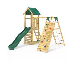 Rebo Challenge Wooden Climbing Frame With Swings, Slide And Up & Over Climbing Wall For Kids - Bear
