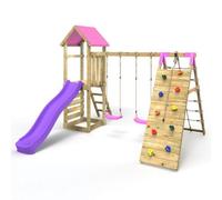 Rebo Challenge Wooden Garden Climbing Frame With Swings, Slide And Up & Over Climbing Wall For Kids - Greenhorn Pink