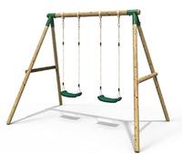 Rebo® Children's Wooden Garden Swing Set - Venus | Pressure Treated Timber, Soft Feel Ropes, Two Green Swing Seats, Sturdy Construction for Kids