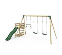 Rebo® Children's Wooden Swing Set Plus Deck and Slide - Comet Green