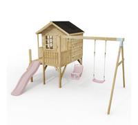 Rebo Classicplay Premium 5Ft Playhouse On Deck With Double Swing And Slide Dusky Pink
