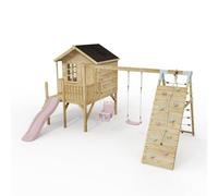 Rebo Classicplay Premium 5Ft Playhouse On Deck With Double Swing, Slide And Climbing Wall Dusky Pink