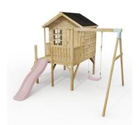 Rebo Classicplay Premium 5Ft Playhouse On Deck With Single Swing And Slide Dusky Pink