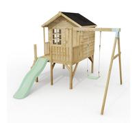 Rebo Classicplay Premium 5Ft Playhouse On Deck With Single Swing And Slide Mint Green