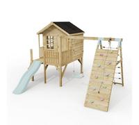 Rebo Classicplay Premium 5Ft Playhouse On Deck With Single Swing, Slide And Climbing Wall Ice Blue