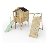 Rebo Classicplay Premium 5Ft Playhouse On Deck With Single Swing, Slide And Climbing Wall Mint Green