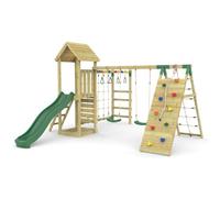 Rebo Climbing Frame with Double Swing and Slide plus Climbing Wall and Ninja Monkey Bars - Dolomite