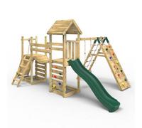 Rebo Double Tower Garden Climbing Frame With Flexible Bridge, Swing & Slide For Kids - Bear