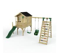 Rebo Garden Playhouse And Double Swing Set With Climbing Wall And Slide For Kids - Luna Green