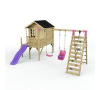 Rebo Garden Playhouse And Double Swing Set With Climbing Wall And Slide For Kids - Luna Purple