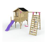 Rebo Garden Playhouse And Single Swing Set With Climbing Wall And Slide For Kids - Solar Purple