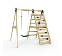 Rebo Glide Wooden Single Swing Set with Climbing Wall and Swing Seat - Lavender (Dark Green Belt Swing) | OutdoorToys | Kids Outdoor Wooden Play Equipment for Gardens, Frame & Accessories Included