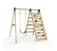 Rebo Glide Wooden Single Swing Set with Climbing Wall and Swing Seat - Lavender (Navy Blue Belt Swing) | OutdoorToys | Kids Outdoor Wooden Play Equipment for Gardens, Frame & Accessories Included