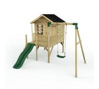 Rebo Kids Garden Playhouse And Single Swing Set With Slide - Solar Green