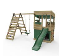 Rebo Lookout Tower Playhouse with Swing and Climbing Wall plus 6ft Slide - Ascent Rebo Green One Size