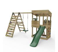 Rebo Lookout Tower Playhouse with Swing and Climbing Wall plus 6ft Slide - Crest