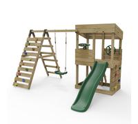Rebo Lookout Tower Playhouse with Swing and Climbing Wall plus 6ft Slide - Crest Rebo Green One Size