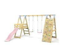 Rebo Polarplay Premium Double Garden Swing Set With Climbing Wall And Slide For Kids - Dusky Pink