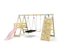 Rebo Polarplay Premium Double Garden Swing Set With Climbing Wall And Slide For Kids - Dusky Pink With Boat Seat
