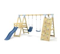 Rebo Polarplay Premium Double Garden Swing Set With Climbing Wall And Slide For Kids - Navy Blue With Baby Seat