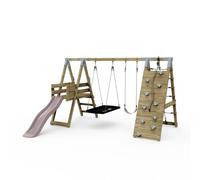 Rebo Polarplay Premium Double Swing Set With Climbing Wall And Slide - Dusky Pink With Boat Seat