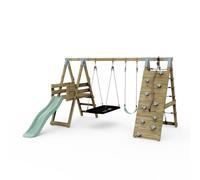 Rebo Polarplay Premium Double Swing Set With Climbing Wall And Slide - Mint Green With Boat Seat
